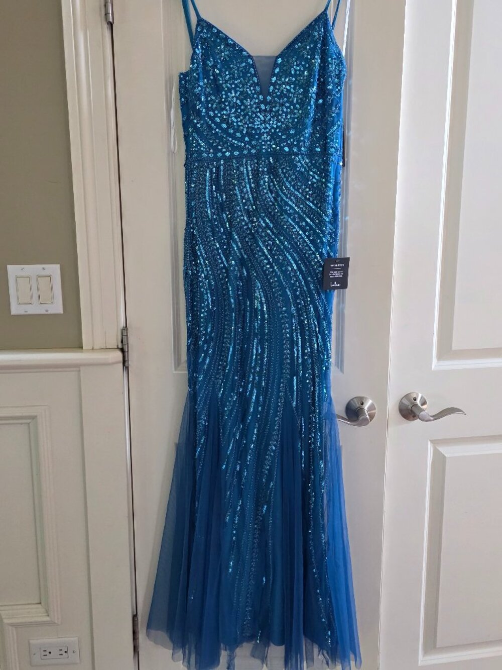 NWT Lulus Blue Sequin Mermaid Prom Gown Maxi Dress Medium Formal Evening Dress
